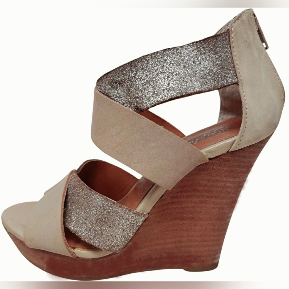 Seychelles Designer Platform Wedge Silver Beige Sandals Heels Size 5